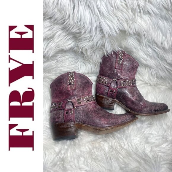 FRYE Deborah Studded Short Cowboy Western Boots Distressed Harness Pink, Size 8 - Picture 2 of 13